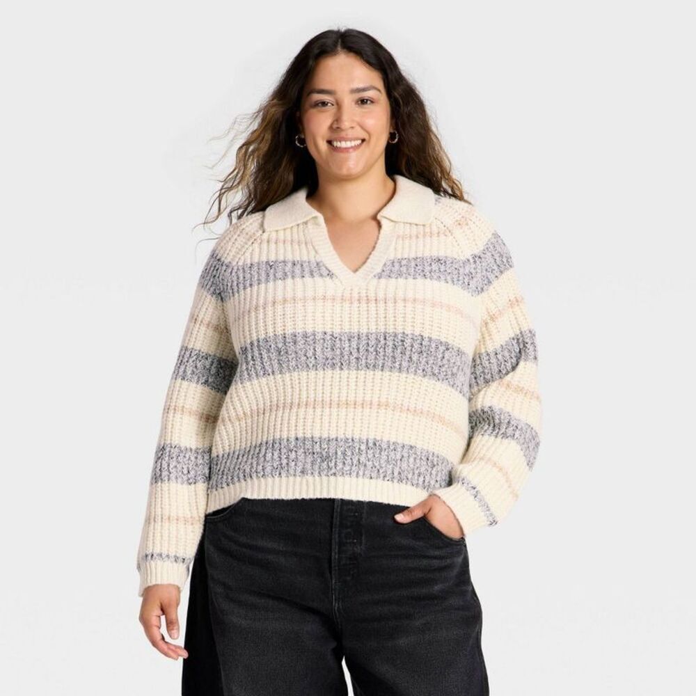 Women's Chunky Polo Collar Pullover Sweater - White/Navy Striped 2X